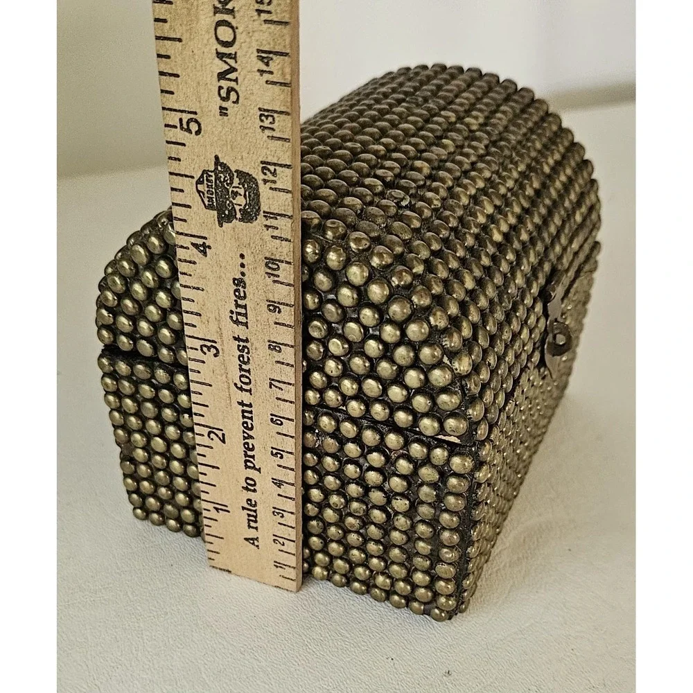 Vintage Brass Hobnail Wood Barrel Top Trinket Box 5